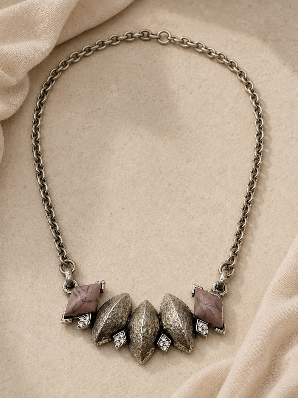 Vintage Gerard Yosca Signed Hammered Silver Tone Pink Stone Statement Necklace